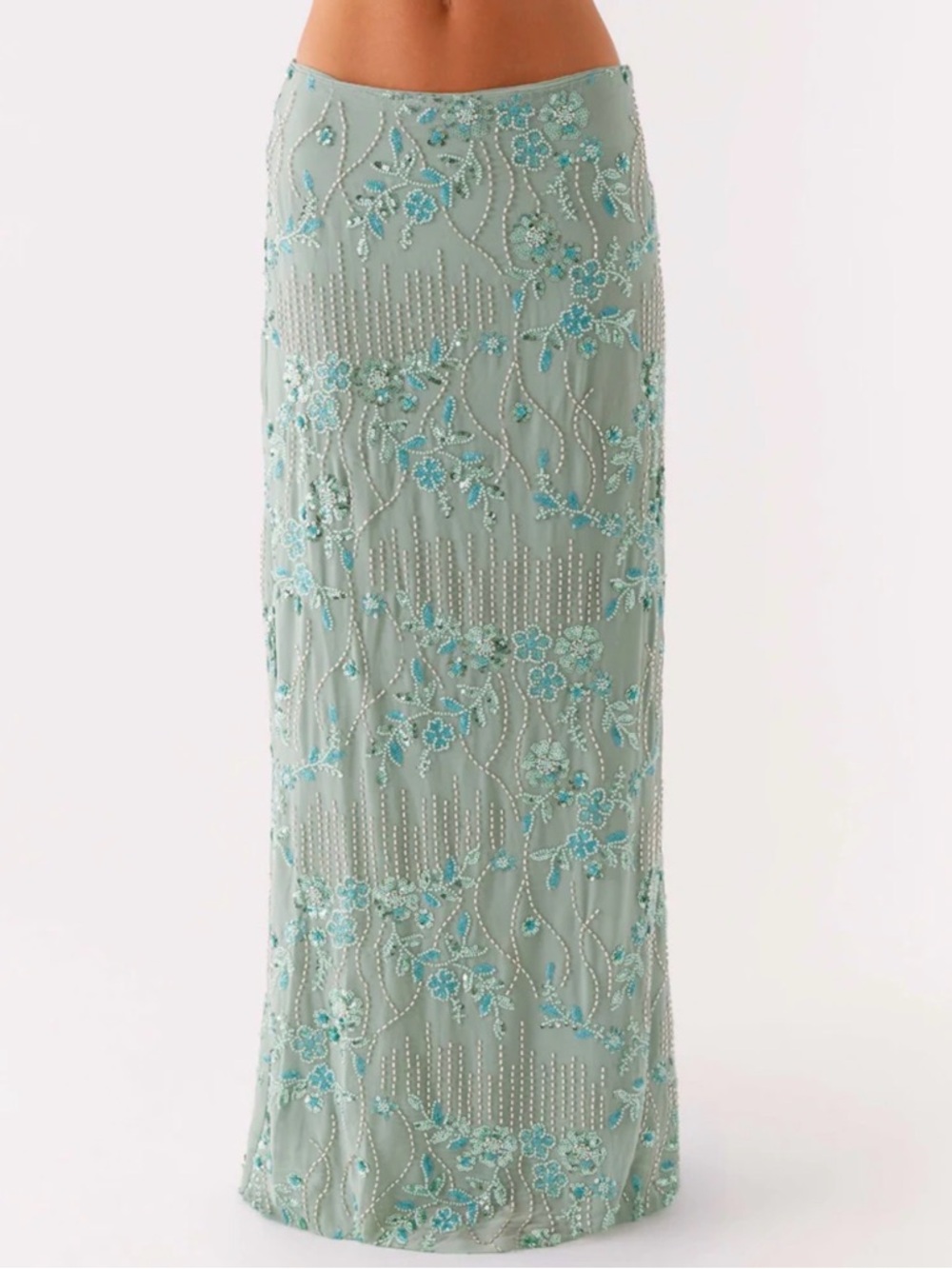 Peppermayo Corinna Sequin Maxi Skirt Mint Green Beaded Low Rise Glam Fairycore